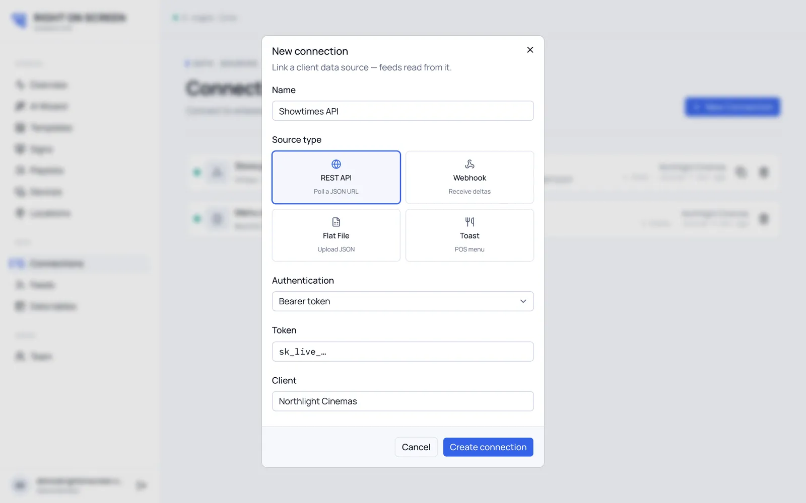 The New connection dialog with REST API and Bearer token selected