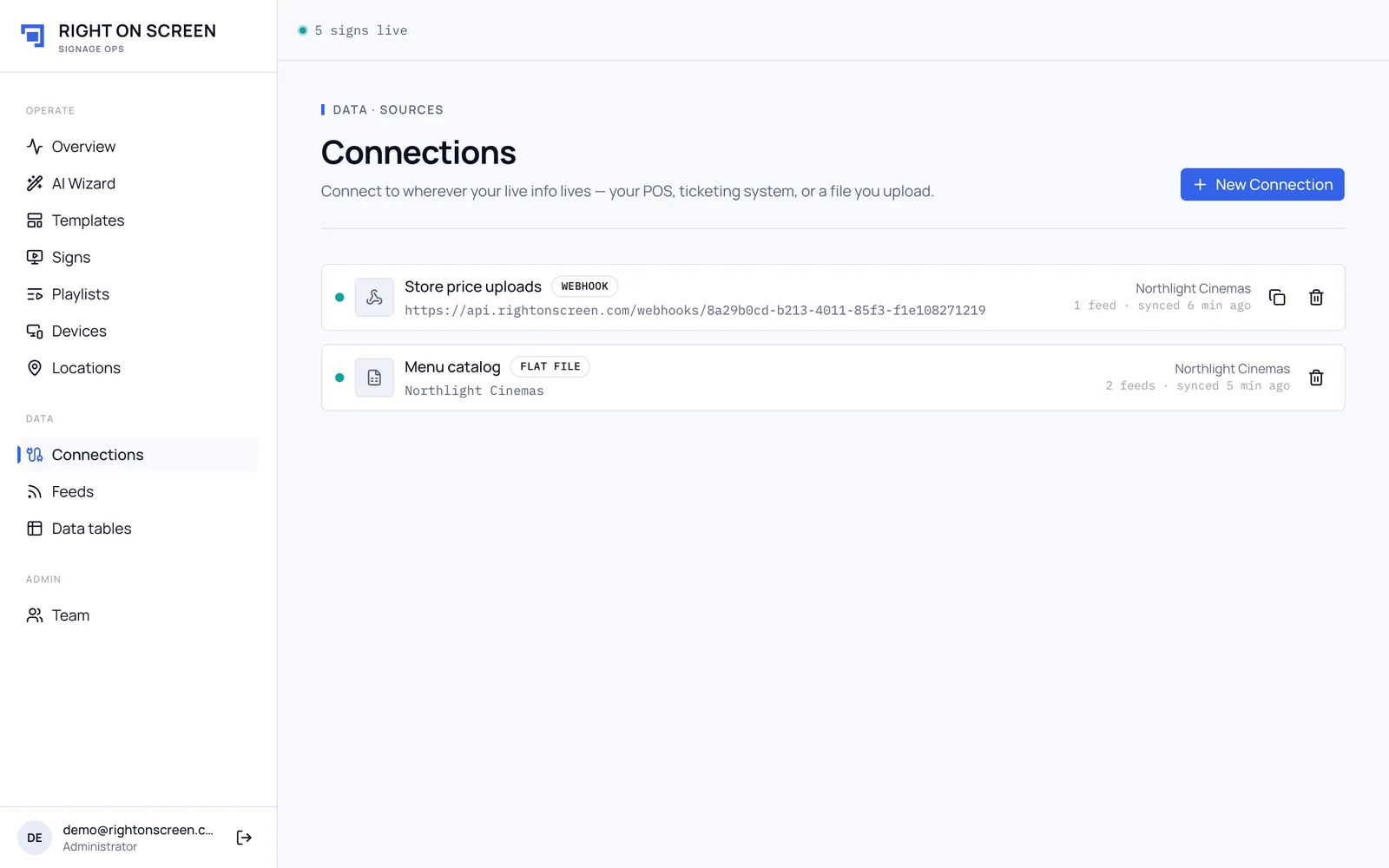 The Connections page listing a webhook and a flat-file connection