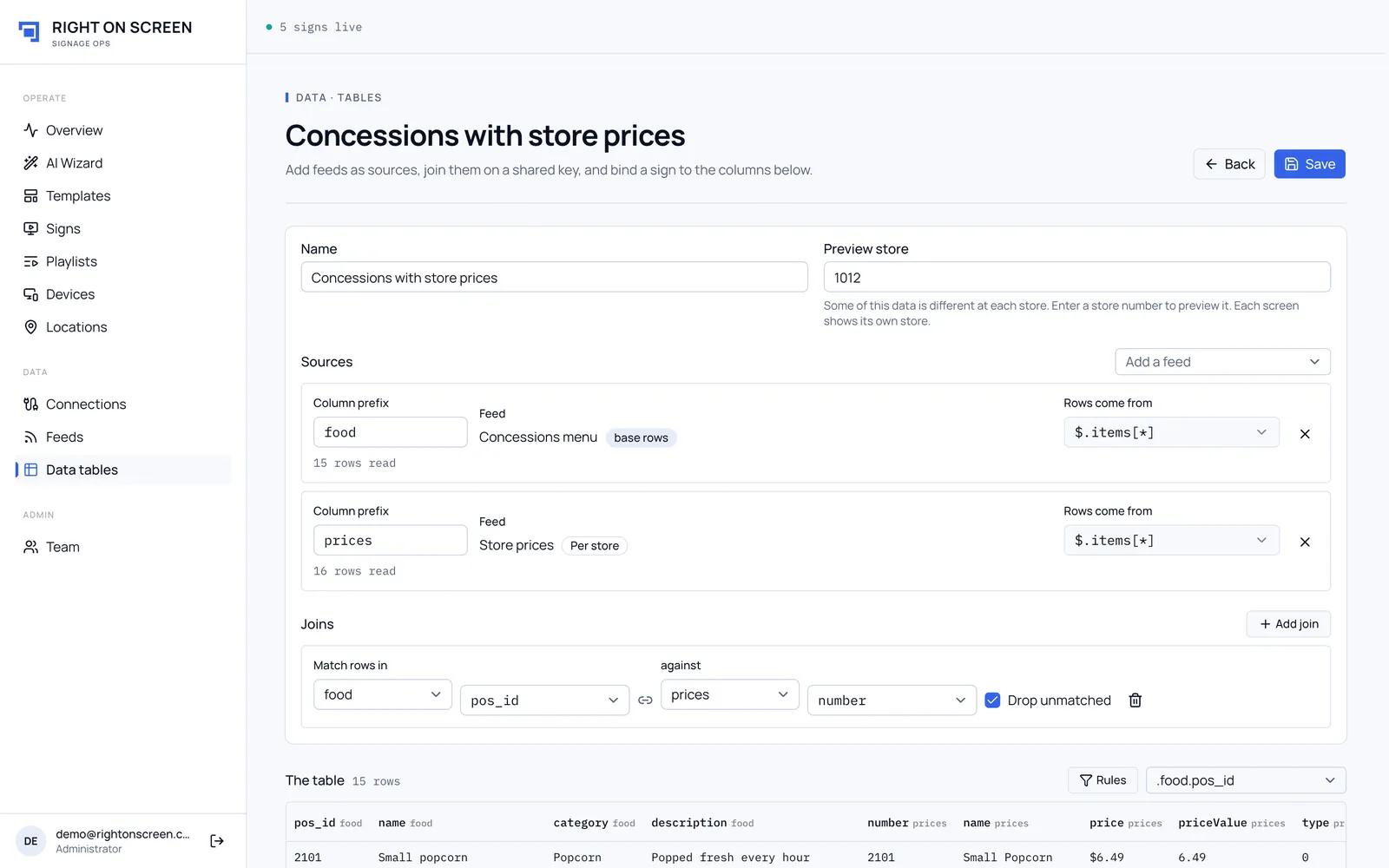 A data table with two sources, a join and Preview store set to 1012