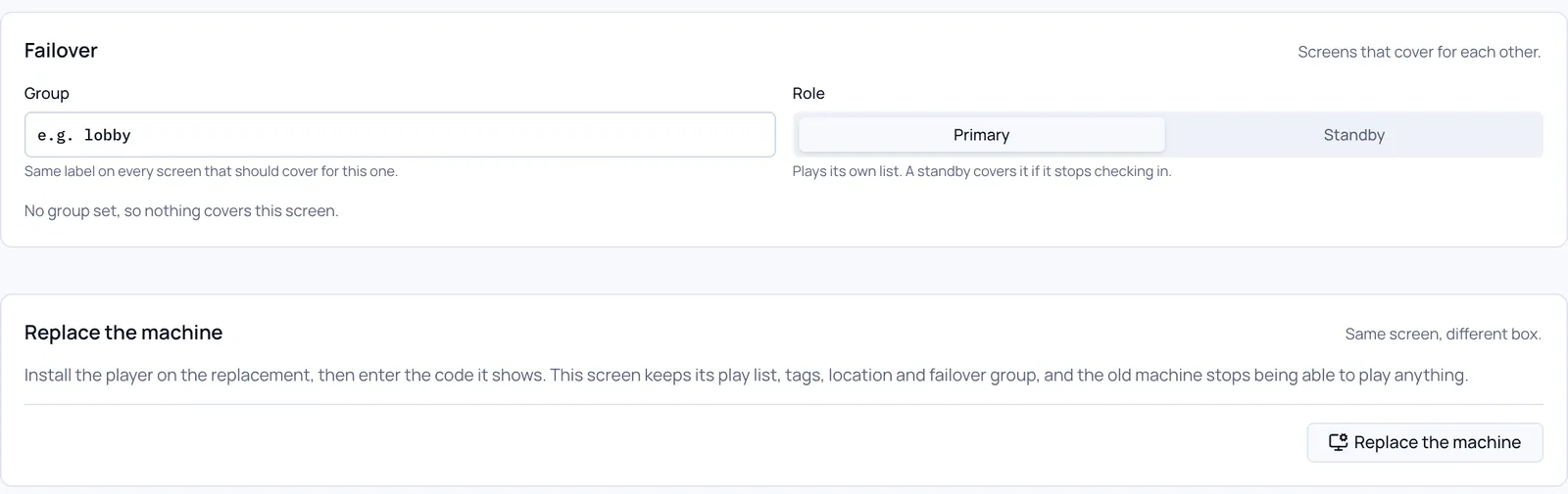 The Failover and Replace the machine sections of a screen’s page