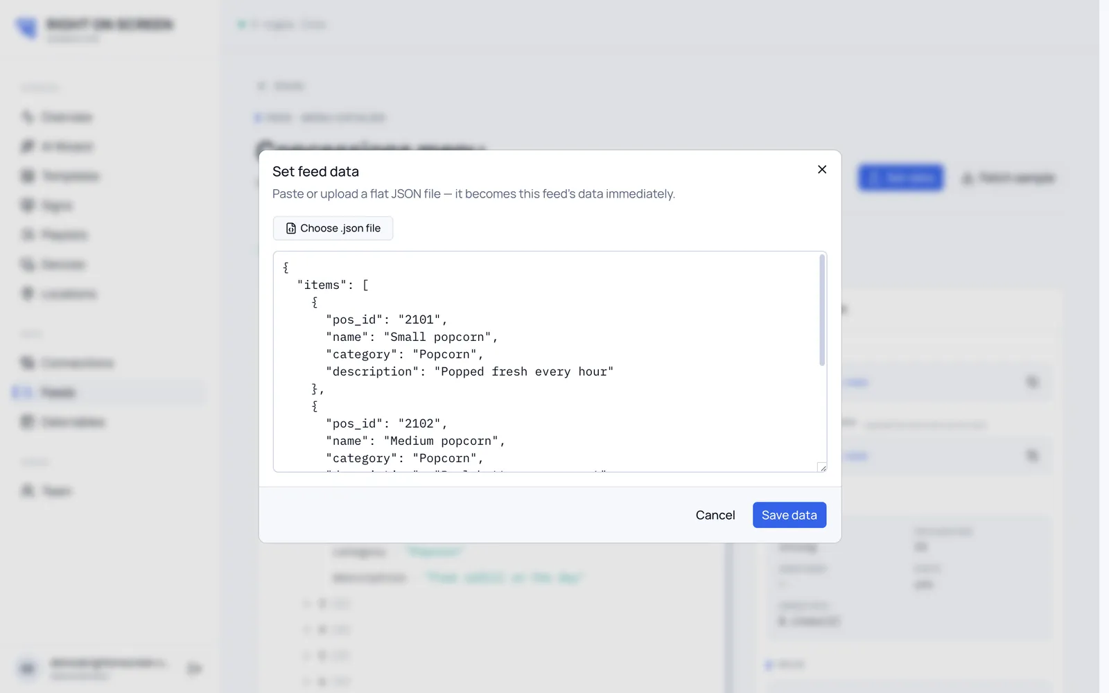 The Set feed data dialog with JSON pasted in
