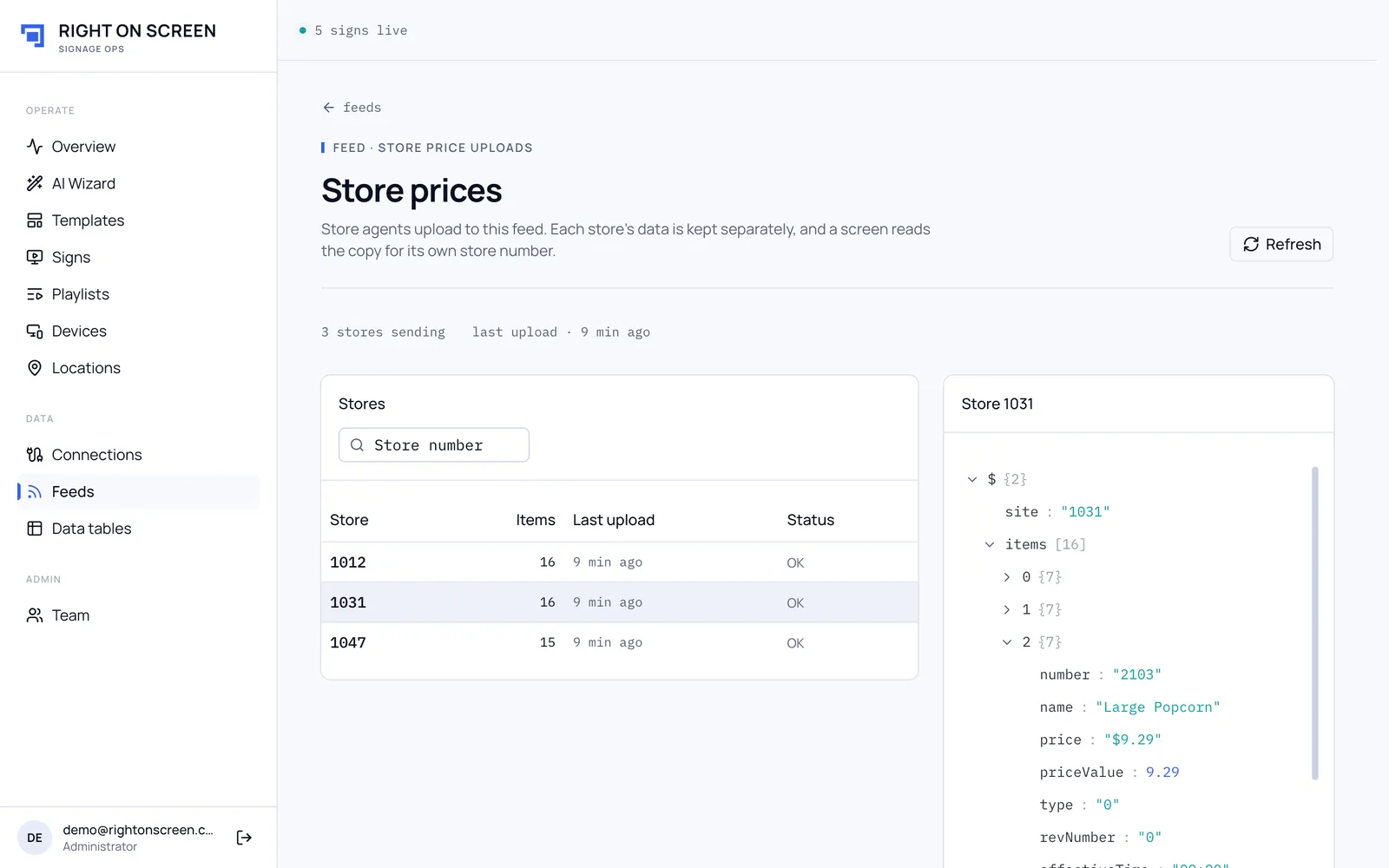 A per-store feed listing three stores, with store 1031’s upload open