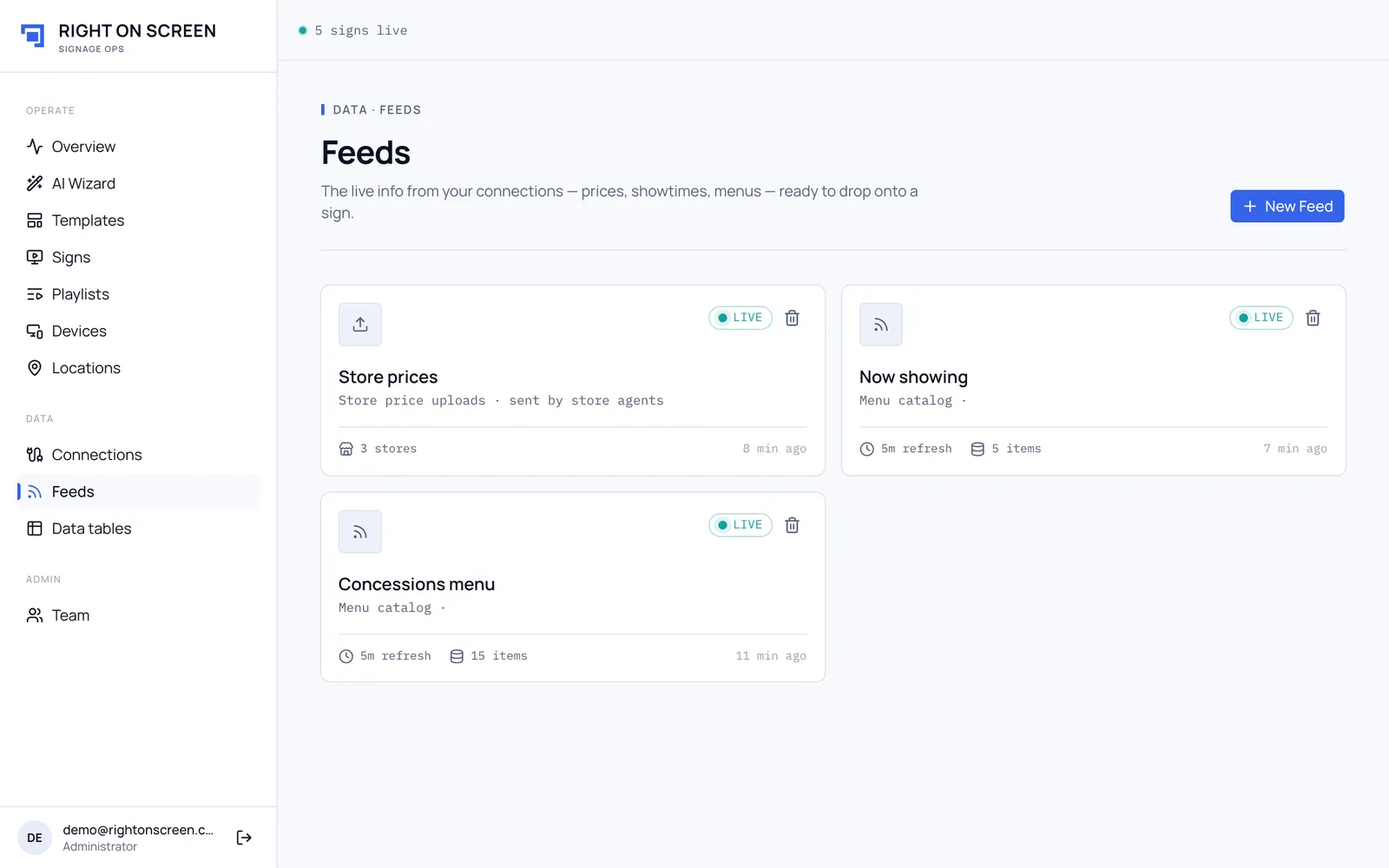 The Feeds page with a per-store feed and two uploaded feeds
