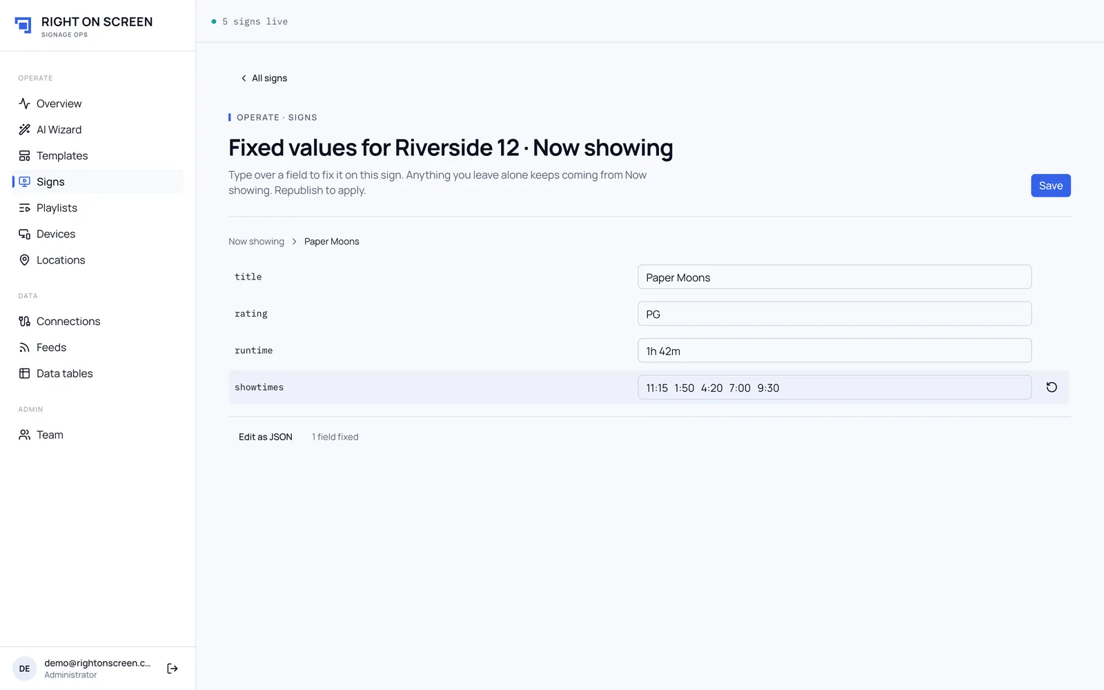Fixed values for one film’s row, with a showtime typed over the feed’s value