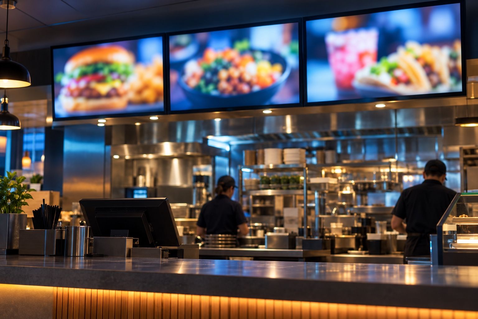 Three menu boards above a quick-service restaurant counter
