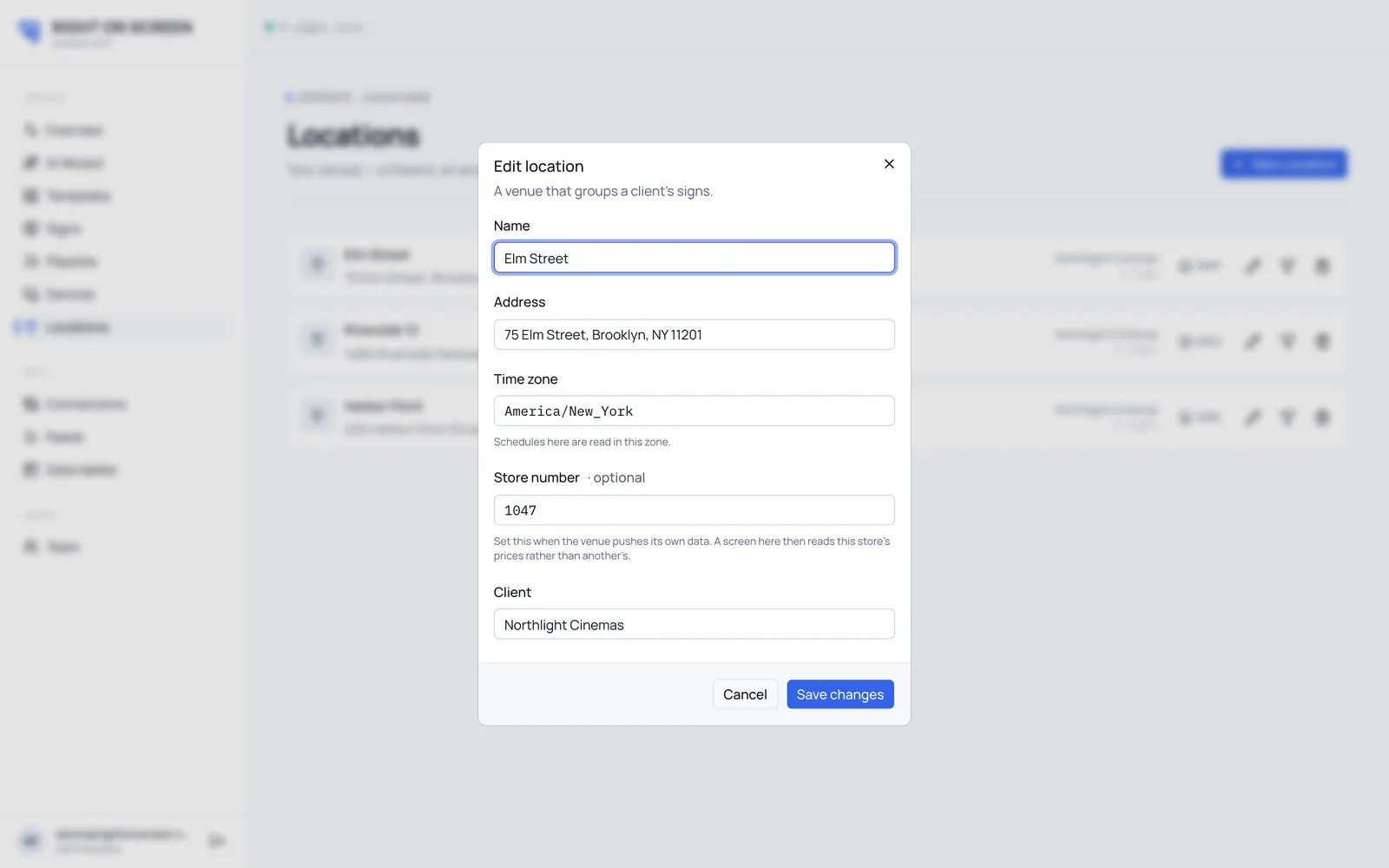 The location dialog with an address, time zone and store number