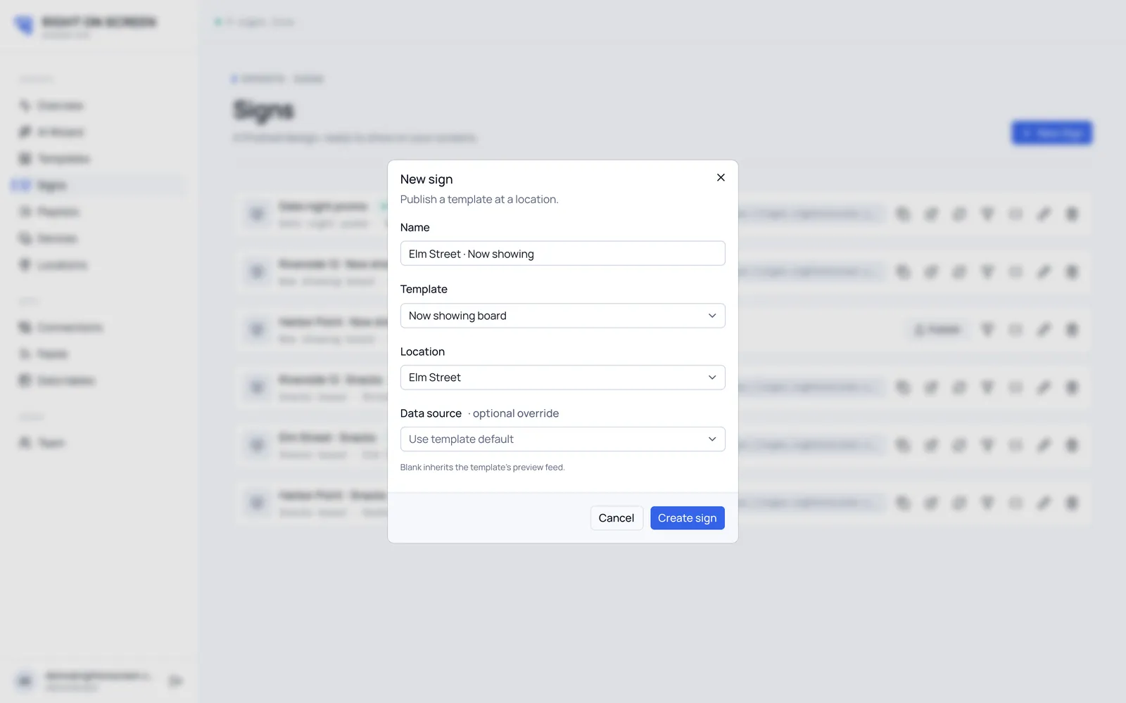 The New sign dialog with a template and location chosen
