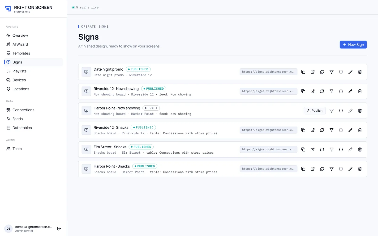 The Signs page with published signs and one draft