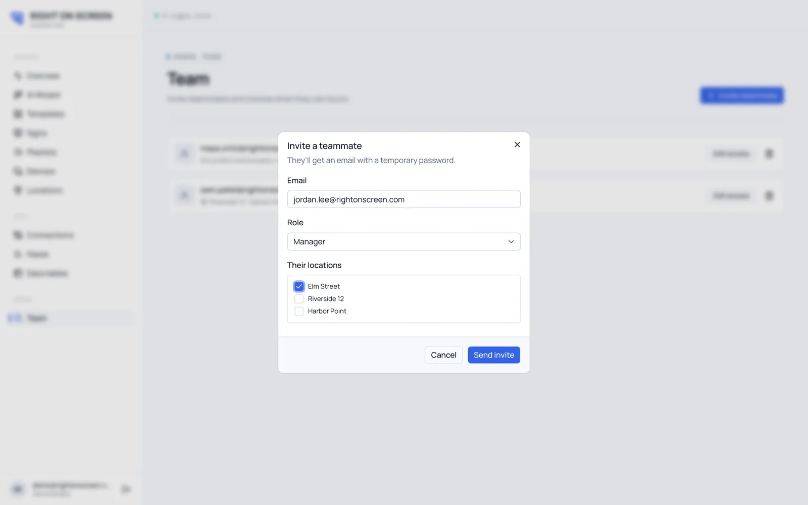 The invite dialog with the Manager role and one location ticked