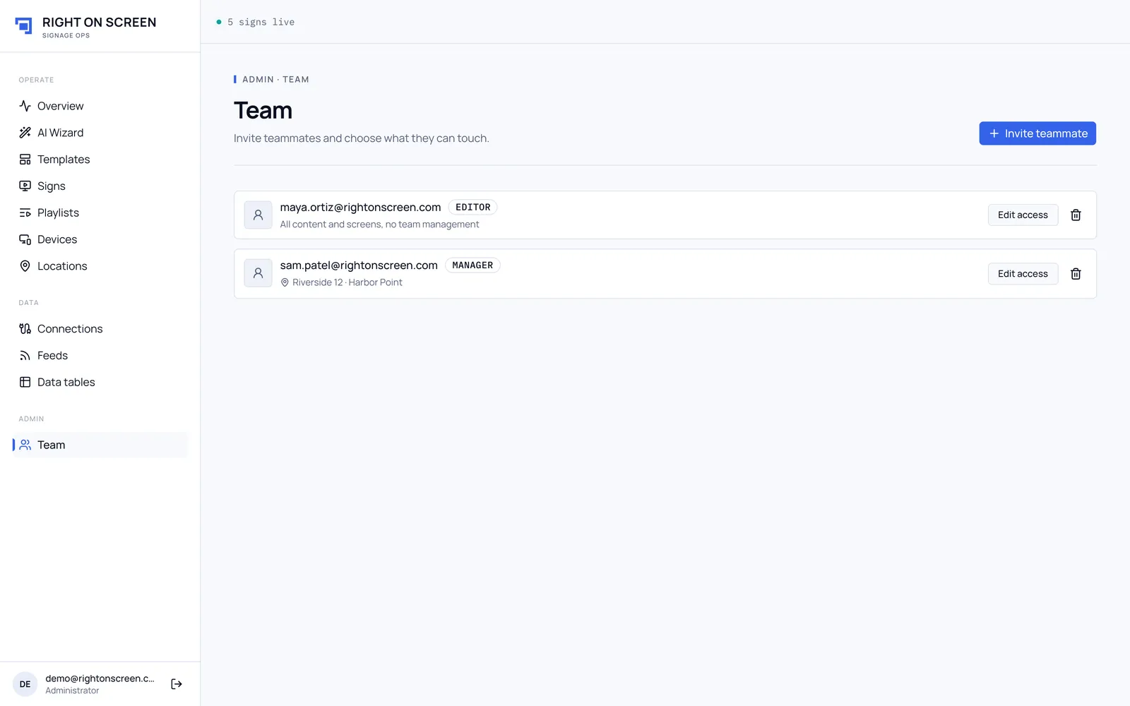 The Team page with an editor and a manager