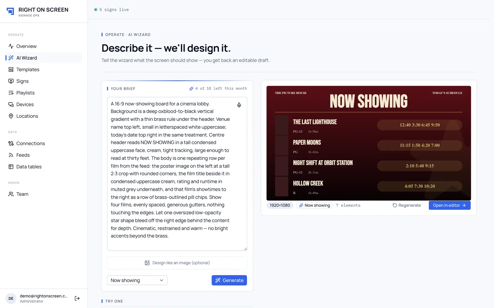 The AI wizard with a now-showing brief and the Now showing feed chosen, and the generated board listing each film with its showtimes